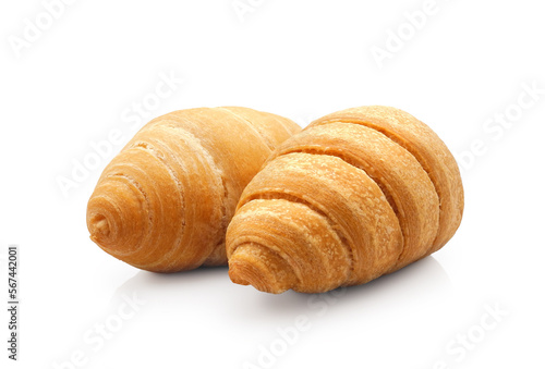 Two fresh french croissants isolated on white background 