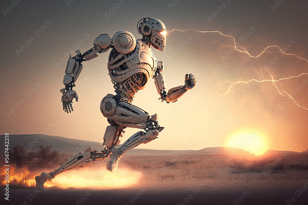 AI-generated image of a robot participating in sports at sunset AI-generated image of a robot participating in sports at sunset