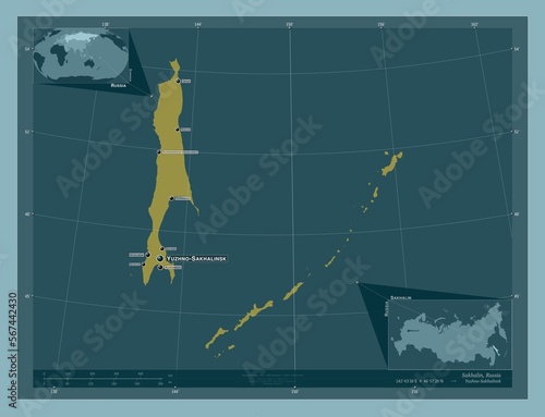 Sakhalin, Russia. Solid. Labelled points of cities photo