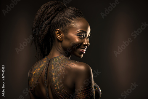 Portrait of African American young woman, smiling. Foreground. IA generate