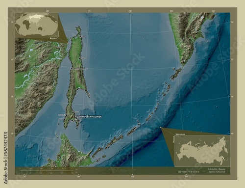 Sakhalin, Russia. Labelled points of cities photo