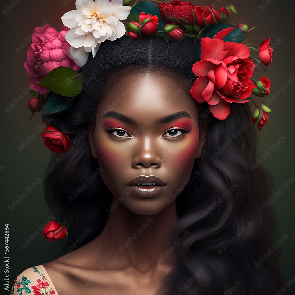 Naklejka premium Close up portrait of a beautiful asian woman with flowers in hair. Generative AI.......
