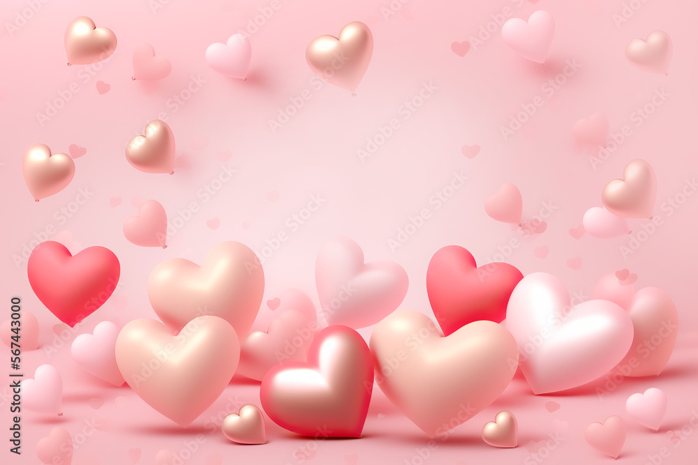 Valentines Day background. Happy valentine's day, pink gold hearts blur effect design, Celebration card. digital ai art