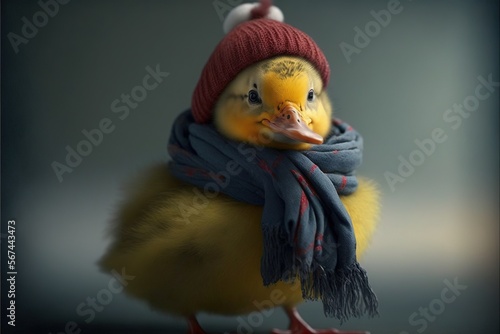  a yellow duck wearing a blue scarf and a red hat with a pom pom on it's head and a blue scarf around its neck.  generative ai © Anna