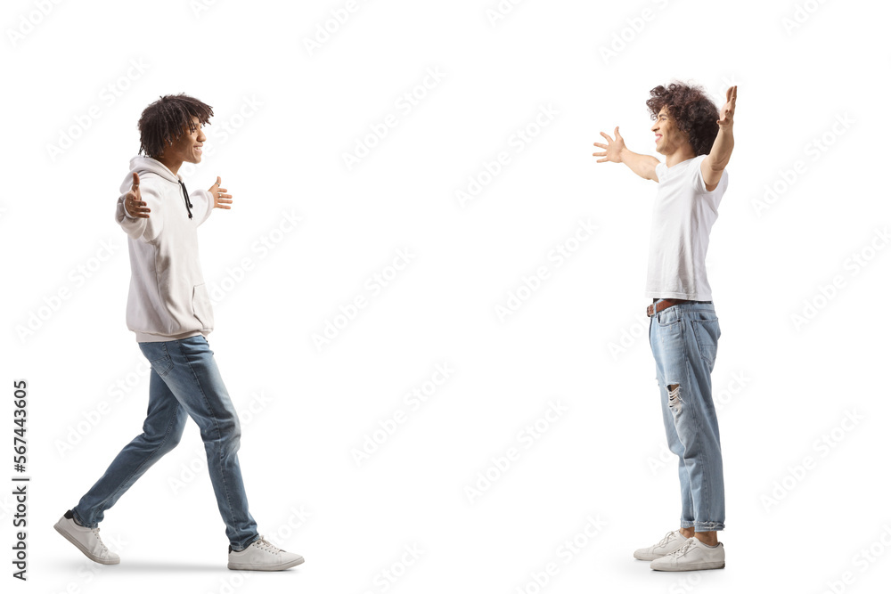 African american young man meeting a caucasian male friend African american young man meeting a caucasian male friend