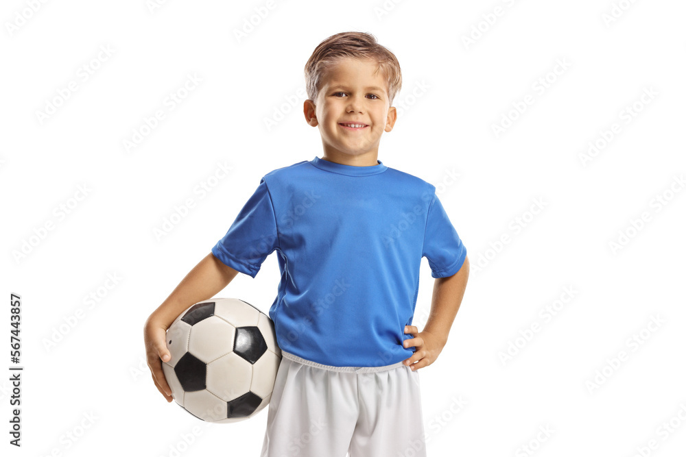 Boy in a football jersey posing with a ball