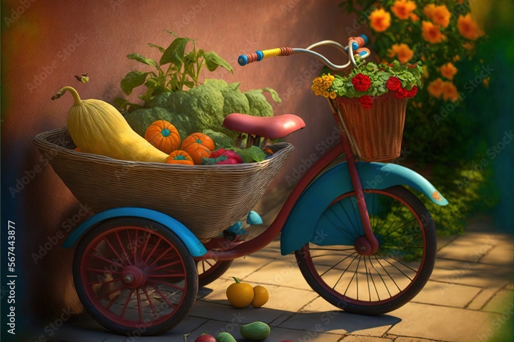  a painting of a bike with a basket of fruit and vegetables in it, sitting on a tile floor in front of a flower garden.  generative ai
