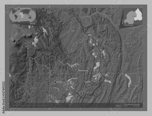 Iburasirazuba, Rwanda. Grayscale. Labelled points of cities photo