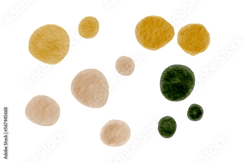 Watercolor set of spots. Decorative spots watercolor. Watercolor splashes. Round spots are green, yellow, beige. 
