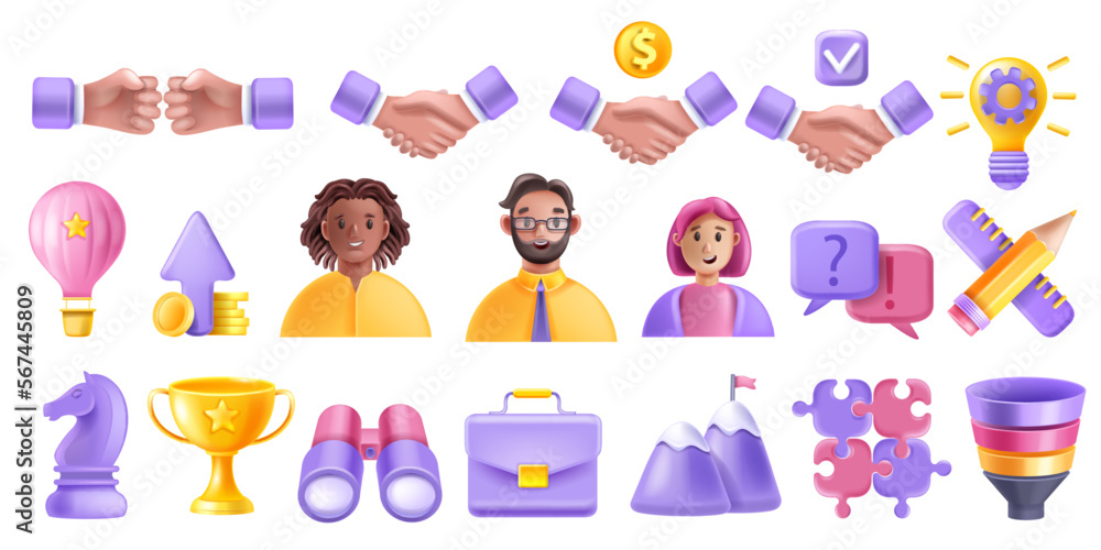 Fototapeta premium 3D teamwork partner person avatar vector icon set, handshake, puzzle, partnership project funnel. Business management strategy, success cup, startup rocket. 3D teamwork user connect company concept