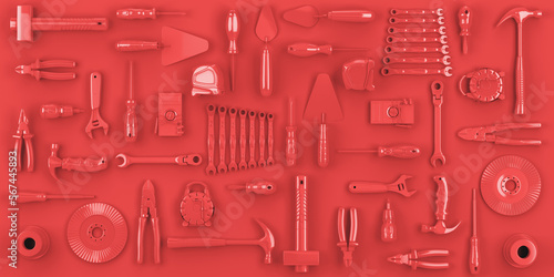 colored red tools set background concept of repair tools warehouse promotion 3d render