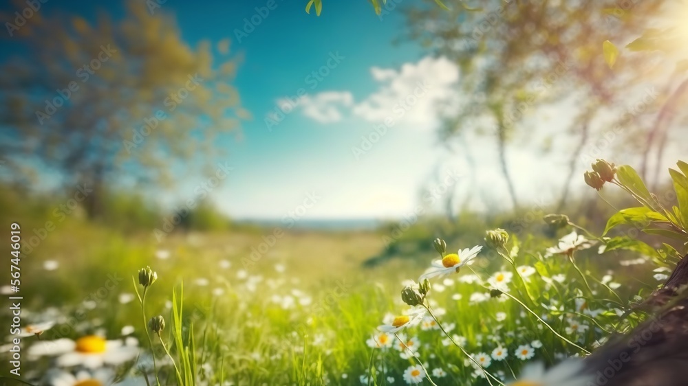 Blurred spring time landscape with trees, chamomile in flower in a glade, and a clear blue sky. Generative Ai.