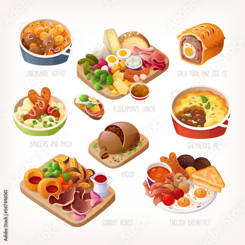 Collection of classic traditional British dishes with names. Meals good for lunch, snack and dinner. Popular English and Irish foods. Isolated vector images, tasty menu illustrations. Meat vegetables 