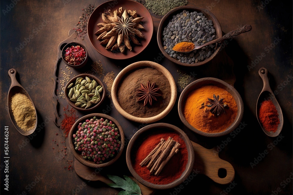  a table topped with bowls filled with different types of spices and spices spoons next to each other on top of a wooden table next to a wooden spoon.  generative ai