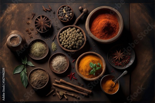  a table topped with bowls of different types of spices and spices on top of each other next to a spoon and a pepper mill and pepper mill.  generative ai
