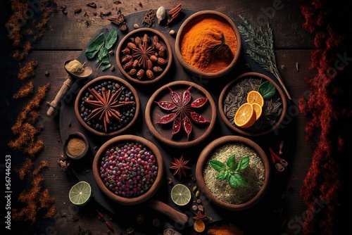  a table topped with bowls filled with different types of spices and spices on top of a wooden table next to oranges and cinnamons. generative ai