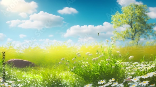 Blurred spring time landscape with trees  chamomile in flower in a glade  and a clear blue sky. Generative Ai.