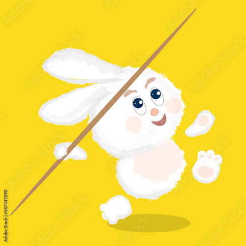Cute white fluffy bunny throwing a javelin on yellow background. Sport cartoon vector illustration.