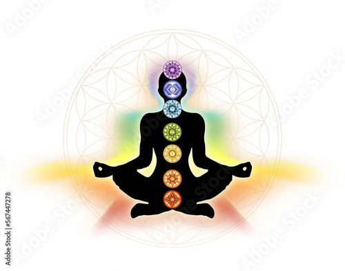 7 Chakra symbols and Flower of Life. Human energy body, aura, yoga lotus pose. Powerful decor for meditation and chakra energy healing.