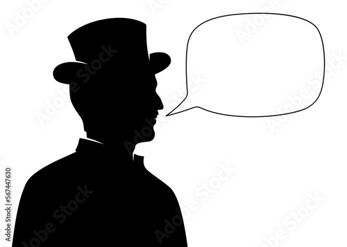 Gentleman speaking with an empty chat bubble, black silhouette vector illustration.