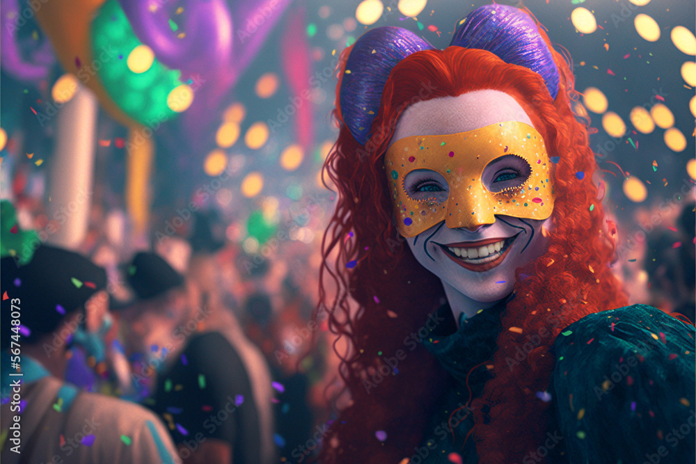 Illustration of Woman dressed in carnival costume with background with confetti and streamers, made with Generative A,  Art Illustration AI