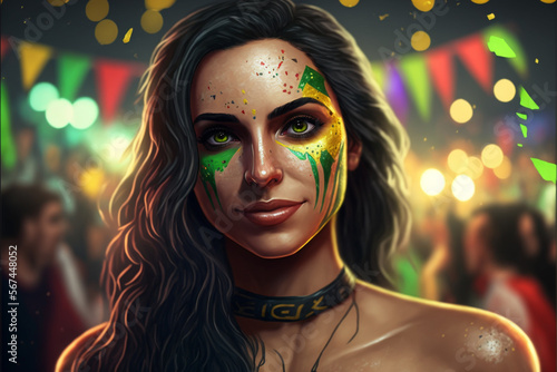 Illustration of Woman dressed in carnival costume with background with confetti and streamers, made with Generative A,  Art Illustration AI photo