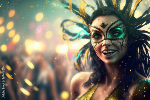 Illustration of Woman dressed in carnival costume with background with confetti and streamers, made with Generative A,  Art Illustration AI
