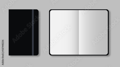 Black realistic notebook mockup. Close and open book on grey background.
