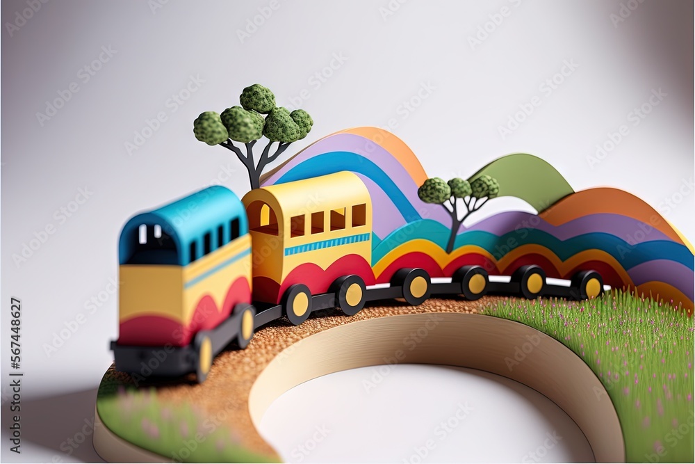  a toy train is on a track with trees and hills in the backgrouf of the train is a rainbow - colored train.  generative ai