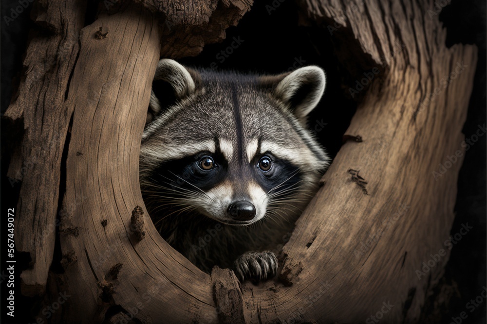  a raccoon peeks out of a hollow in a tree trunk, looking out of the hole in the bark of a tree.  generative ai