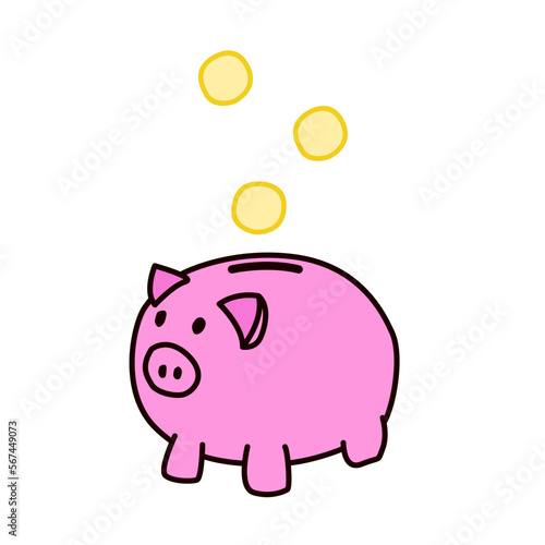 Pink piggy bank with falling coins. Investment in the future