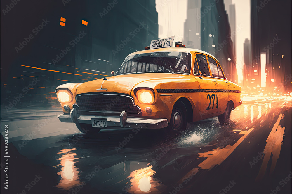 Yellow city taxi, speed. Generative AI.