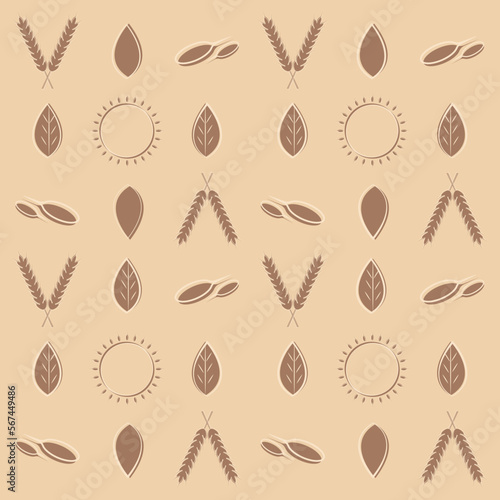 Background with wheat ears, seeds, leaves, sun. Brown on beige. It maybe paper, wallpaper, decoration for market, food, cafe and restaurant. 