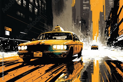 Taxi car rides along the city street. Generative AI.