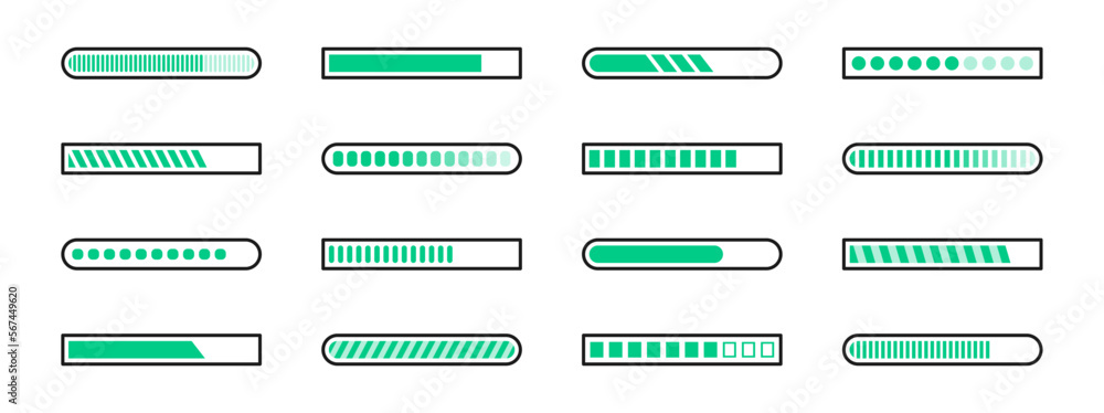Loading bar icon set. Load signs. Download indicator sign. Progress loading bar. Upload symbol. Loader icon. Vector illustration. Loading bar icon set. Load signs. Download indicator sign. Progress loading bar. Upload symbol. Loader icon. Vector illustration.