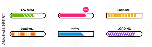 Loading bar icon set. Load signs. Download indicator sign. Progress loading bar. Upload symbol. Loader icon. Vector illustration.
