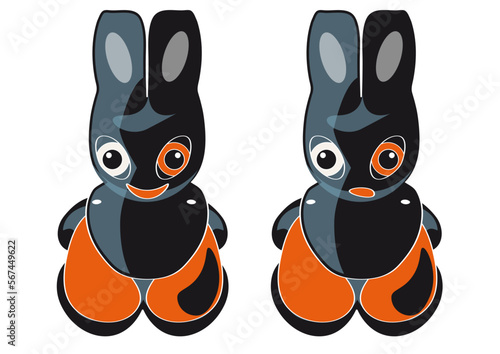 Lachende und traurige Comic Figur eines kleinen Hasen, 
Emoji Manga style Maskottchen