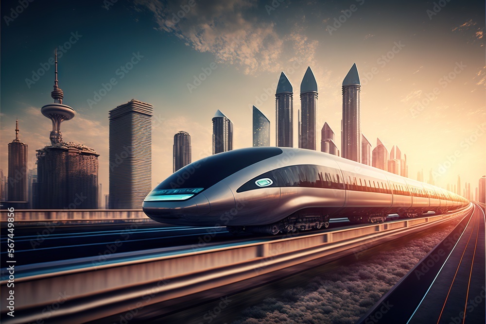 Naklejka premium a modern high speed train on a track in a city at sunset with skyscrapers in the background and a glowing sun in the sky. generative ai