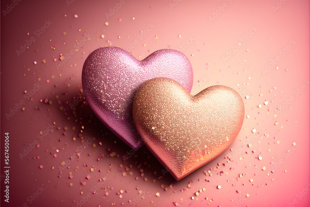Two Hearts On Pink Glitter In Shiny Background, Valentine's Day Concept made with Generative AI technology