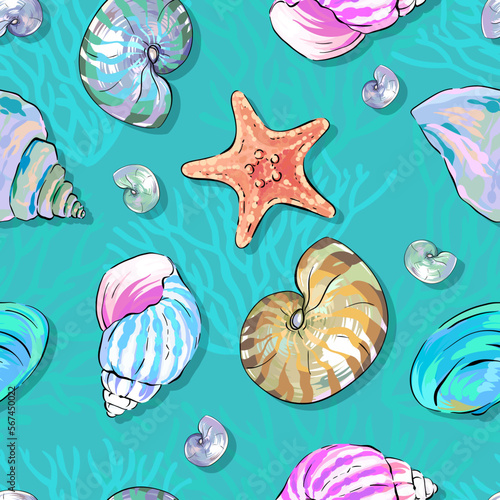 Seamless vector Sea pattern. Marine theme, shells. for printing on fabric, paper, textiles