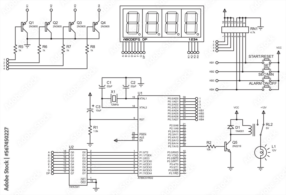 Vector electrical schematic diagram. A drawing 
of an electronic device for data 
output to seven-segment indicators, 
operating under the control of a microcontroller.