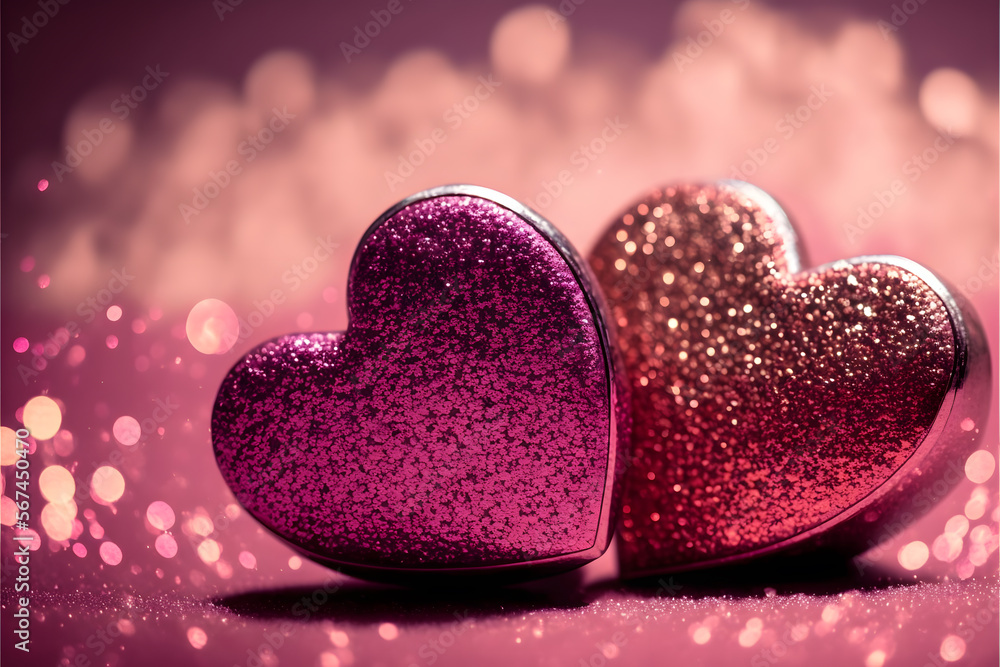 Fototapeta premium Two Hearts On Pink Glitter In Shiny Background, Valentine's Day Concept made with Generative AI technology