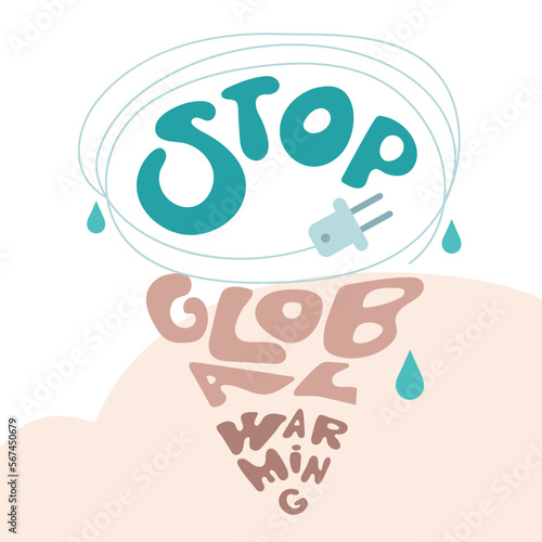 Concept with ice cream shape lettering STOP GLOBAL WARMING. Climate change animals die out. SAVE EARTH NOW. Vector illustration, urban city emissions co2 or carbon footprint.