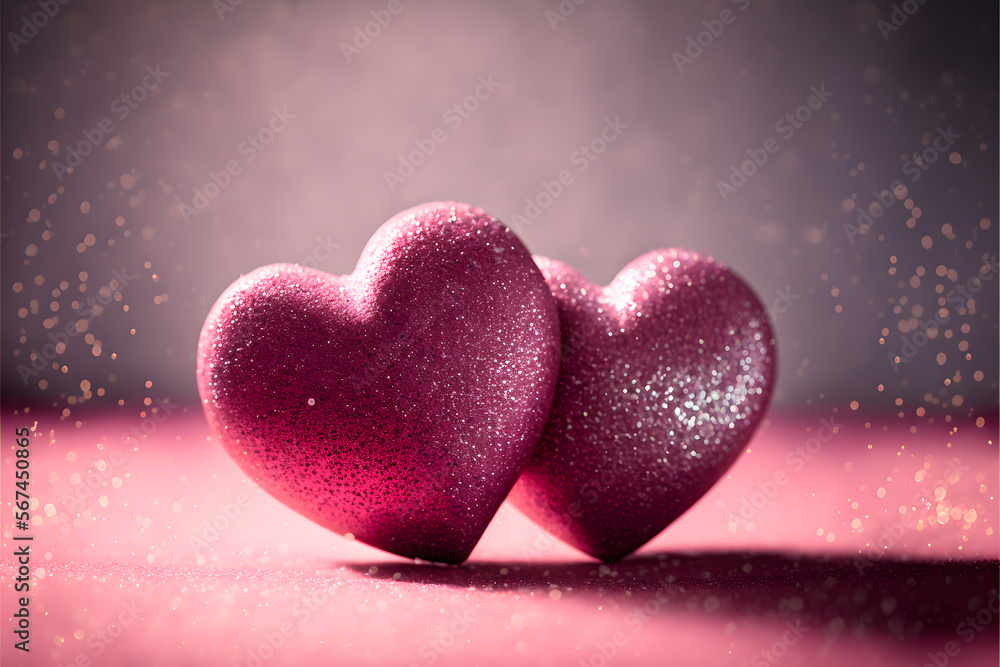 Obraz premium Two Hearts On Pink Glitter In Shiny Background, Valentine's Day Concept made with Generative AI technology