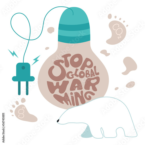 Vector illustration concept with lettering STOP GLOBAL WARMING in lightbulb and polar bear. Climate change animals die out. Urban city emissions co2, carbon footprint.