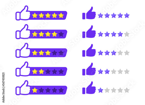 Rating stars set. Feedback evaluation with thumbs up. Customer review. User reviews with five stars ranking. Level of satisfaction. Vector illustration.
