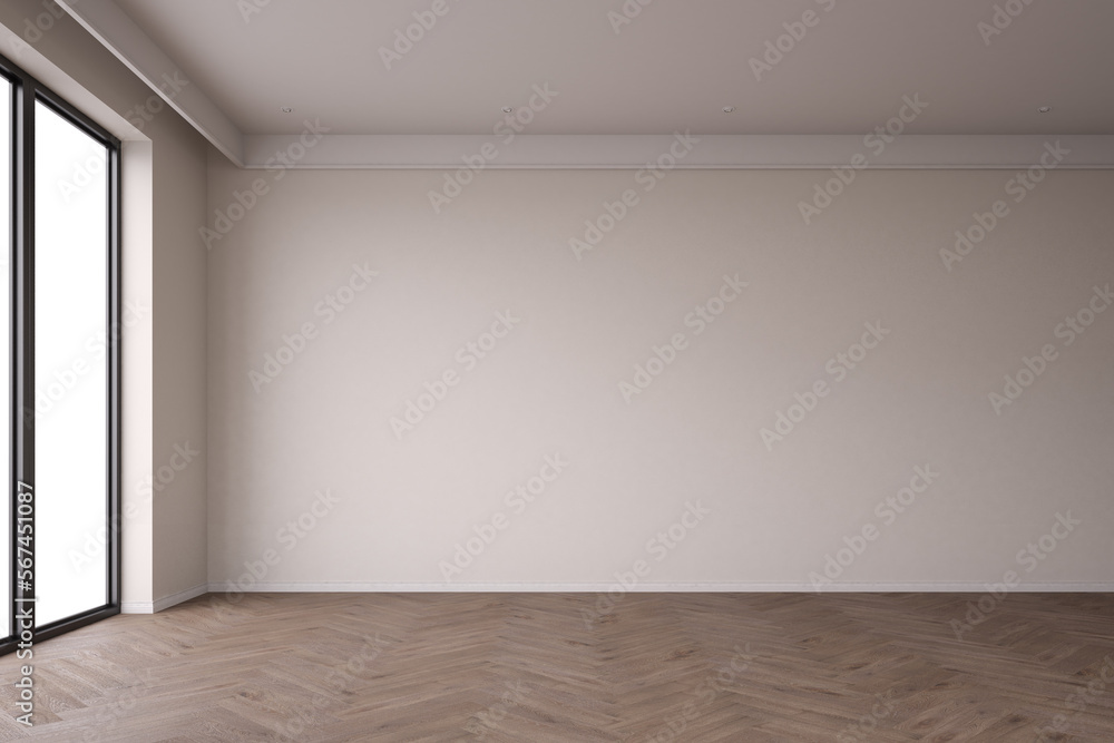 Empty room, white wall and parquet floor. Only wall and floor. Mock up interior. Free, copy space for your furniture, picture and other objects. 3D rendering Empty room, white wall and parquet floor. Only wall and floor. Mock up interior. Free, copy space for your furniture, picture and other objects. 3D rendering