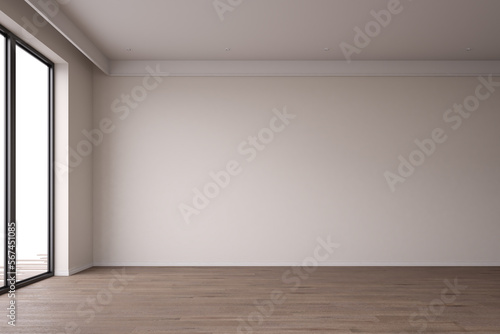Empty room, white wall and parquet floor. Only wall and floor. Mock up interior. Free, copy space for your furniture, picture and other objects. 3D rendering
