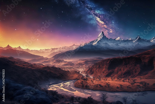 Nepal landscape with Beautiful northern light, Generative AI © sunilmanandhar