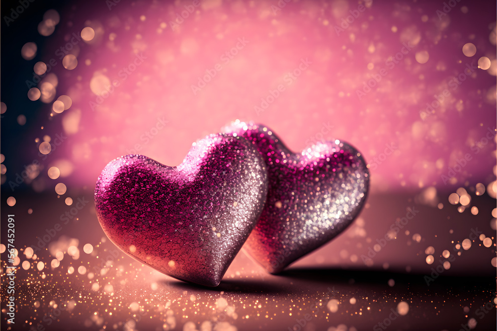 Two Hearts On Pink Glitter In Shiny Background, Valentine's Day Concept made with Generative AI technology Two Hearts On Pink Glitter In Shiny Background, Valentine's Day Concept made with Generative AI technology